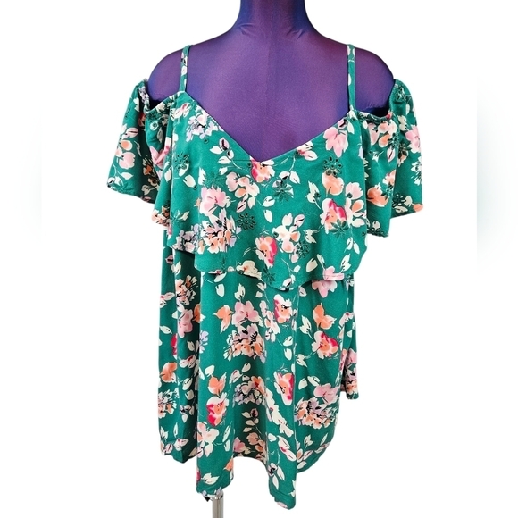 Torrid Green Floral Challis Embroidered Cold Shoulder Top Women's 2X Plus B102 - Picture 10 of 10